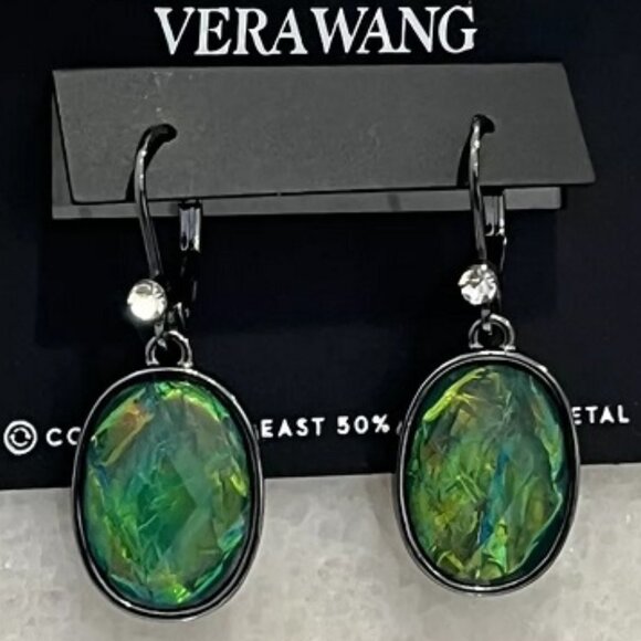 VERA WANG Mod/Contemporary Holographic Foil Green Stone Drop Earrings**NEW! - Picture 2 of 3